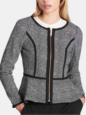 DKNY Black Gray Herringbone Zip Front Peplum Jacket Blazer Women's Size 14